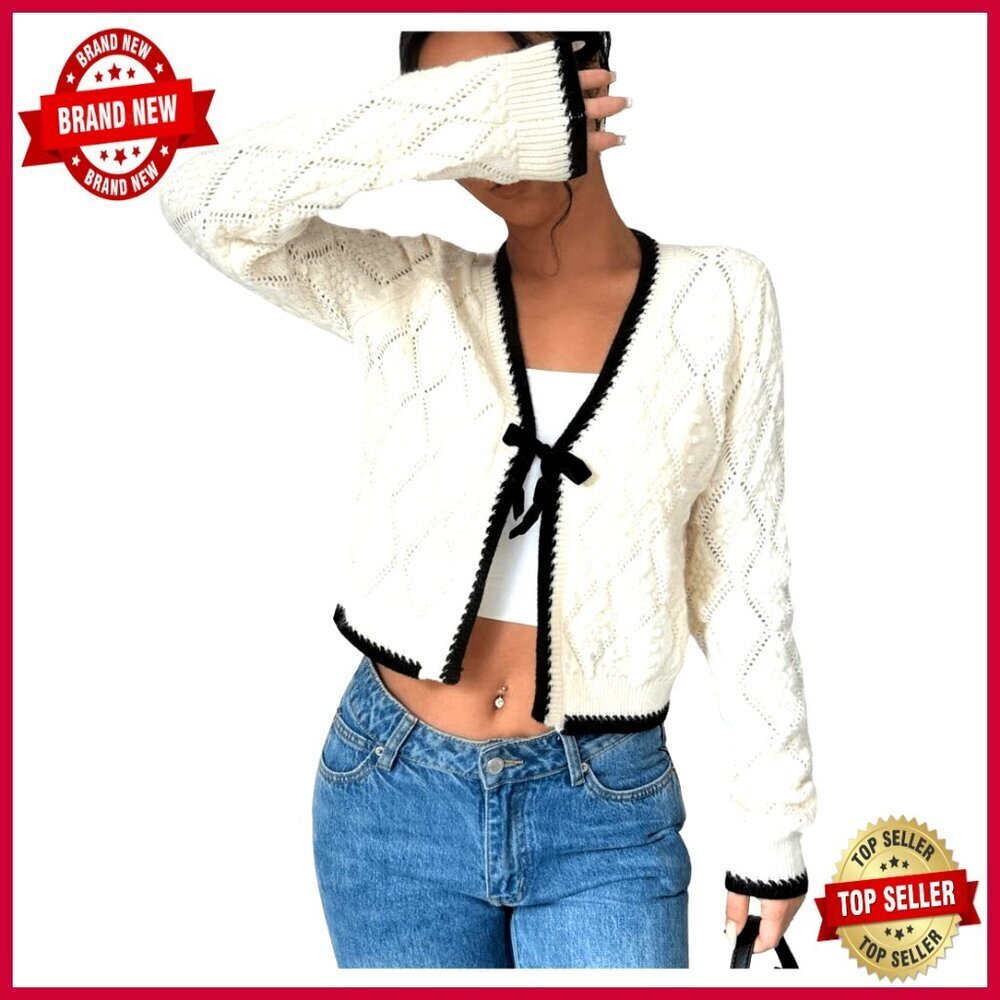 Cropped Cardigan Sweater Tie Front V-Neck Long Sleeve Knit Top